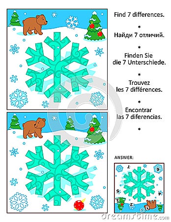 Differences game with little bear cub and big ornate snowflake. Answer included. Stock Photo