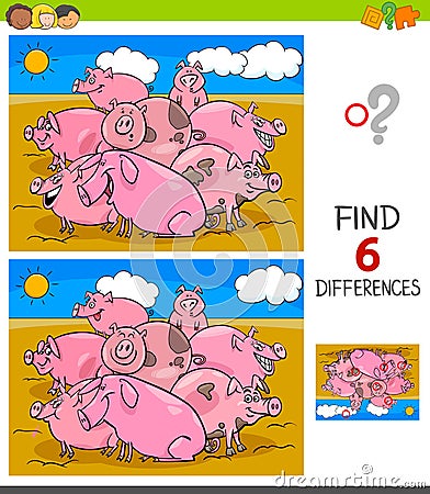 Differences game with pigs animal characters Vector Illustration