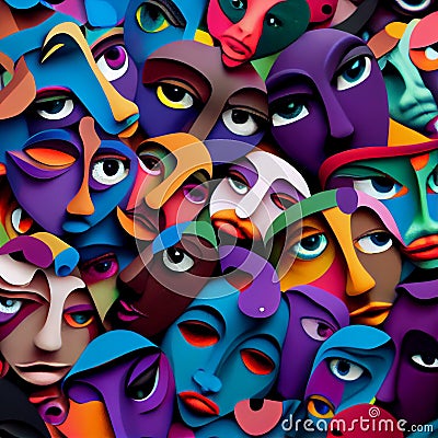 Different abstract faces. Ethnic diversity of nationalities. AI generative Stock Photo