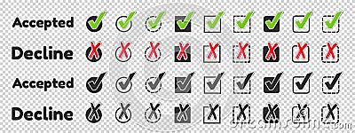 Different Accepted And Decline Checkbox Icon Set - Vector Illustrations - Isolated On Transparent Background Vector Illustration