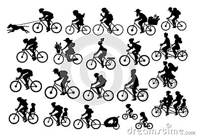 Different active people riding bikes silhouettes collection, man woman couples family friends children cycling to office work, tra Vector Illustration