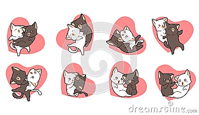 8 different adorable couple cat characters with pink heart Vector Illustration