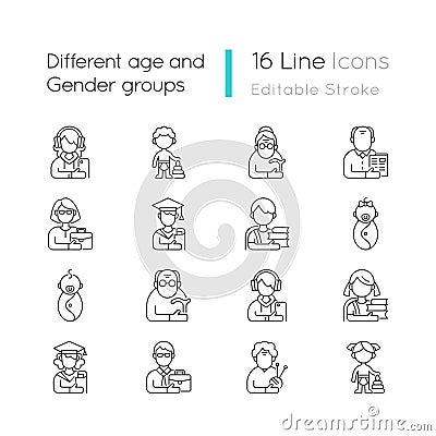 Different age and gender groups linear icons set Vector Illustration