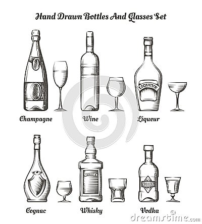 Different alcohol bottles and glasses Vector Illustration