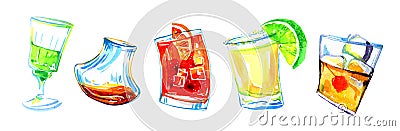 Different alcohol cocktails. Watercolor hand drawn sketch illustration Cartoon Illustration