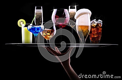 Different alcohol drinks set on a tray Stock Photo