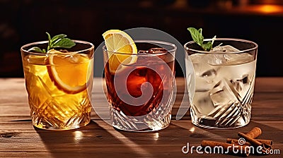 Different alcoholic cocktails with old-fashioned glasses on wood table. Generative AI Stock Photo