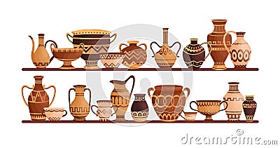 Different ancient greek ceramic dishware on shelves vector flat illustration. Clay pots, vases, amphoras, jars and bowls Vector Illustration