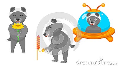 Different Animal Honey Badgers Sniffing Sunflower, Launches Fireworks, Flying In A Flying Saucer Vector Vector Illustration