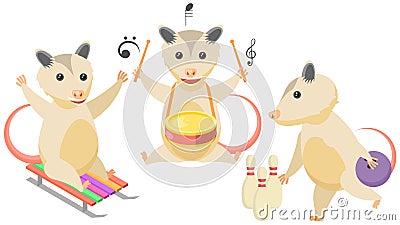 Different Animal Opossum Play Drum, Bowling, Sledding Vector Vector Illustration