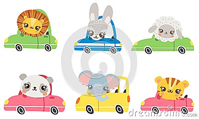 Different animals driving cars. Lion, sheep, tiger, elephant, hare, panda. Cars of different colors Vector Illustration