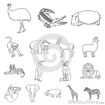 Different animals outline icons in set collection for design. Bird, predator and herbivore vector symbol stock web Vector Illustration