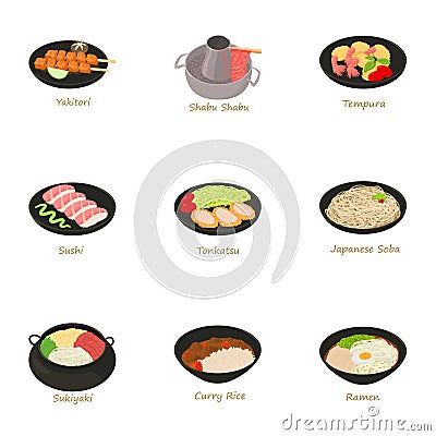 Different asian food icons set, cartoon style Vector Illustration