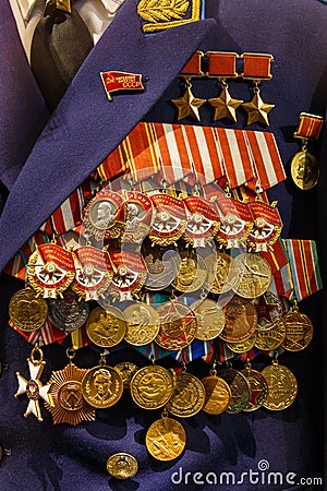 Different awards, orders and medals on the russian army uniform. Memory of awards and medals of World War II and Great Stock Photo