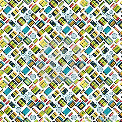 Different batteries seamless pattern Vector Illustration