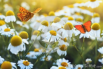 Different beautiful butterflies fluttering and sitting on a bright meadow on a gentle Bellamy flowers daisies on a Sunny summer Stock Photo