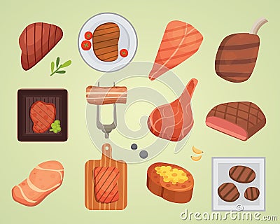 Different beef steak raw and grilled meat food barbecue bbq ingredient vector illustration Vector Illustration