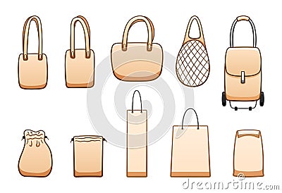 Different beige bags big set isolated illustration on white background Cartoon Illustration