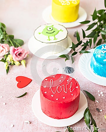 Different bento cakes as gift for the holiday. Korean style cake for one person. A sweet surprise dessert for a loved one. Stock Photo