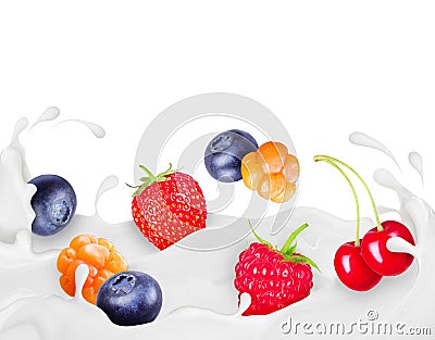 Different berries drown in splashes of cream Stock Photo