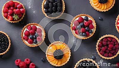 Different berry tarts on grey table, flat lay. Delicious pastries Stock Photo