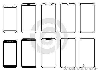 Different black models smartphone with empty touch screen front view icon. Detailed line mockup smartphone sign, linear model Vector Illustration