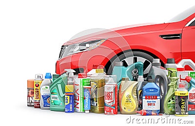 Different Bottles of car maintenance products near red car. Oil, detergents and lubricants. Cartoon Illustration