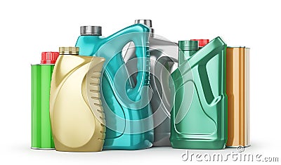 Different Bottles of car maintenance products on a white background. Oil, detergents and lubricants. Cartoon Illustration