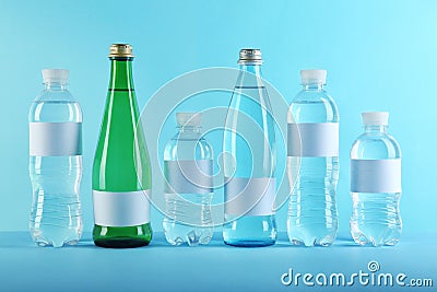 Different bottles of pure water with blank tags Stock Photo