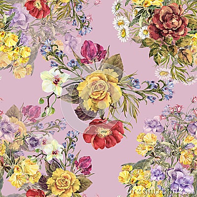 Watercolor different bouquets flowers on a pink background. Stock Photo