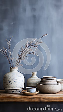 Different bowls table soft grey blue natural light plum blossom Stock Photo