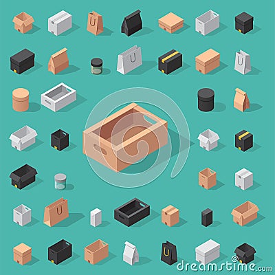 Different box vector isometric icons isolated move service or gift container packaging illustration Vector Illustration