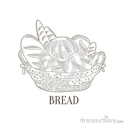 Different Bread In Wicker Basket Hand Drawn Realistic Sketch Vector Illustration