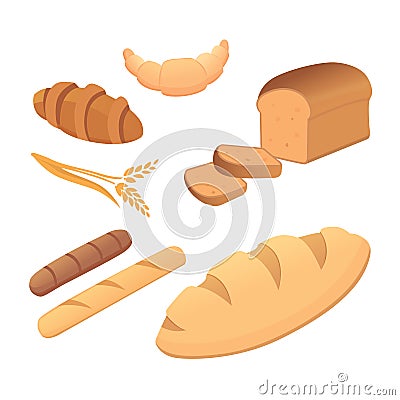 Different breads and bakery products vector illustrations. Buns for breakfast. set bake food and toast isolated. Vector Illustration