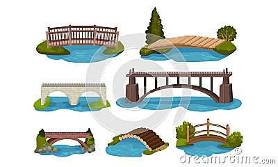 Different Bridges Collection, Wooden and Concrete Footbridges Vector Illustration Vector Illustration