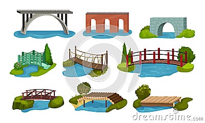 Different Bridges Collection, Wooden, Metal, Brick and Concrete Bidge Vector Illustration Vector Illustration