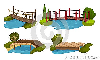 Different Bridges Collection, Wooden, Rope Footbridges Vector Illustration Vector Illustration