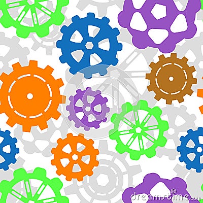 Different, bright gears on a white, light, gray background. Seamless, vector, technological pattern for paper, textiles, plastic Vector Illustration