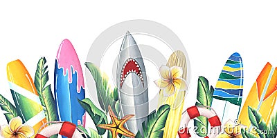 Different, bright surfboards with tropical leaves and plumeria flowers, starfish and lifebuoys. watercolor illustration Cartoon Illustration