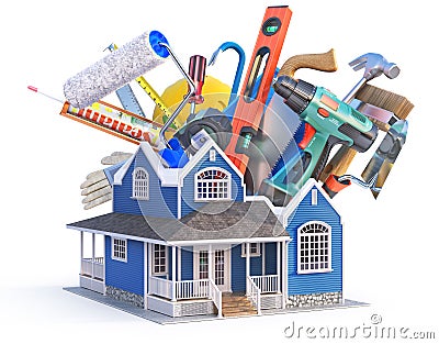 Different building tools inserted in the house . Cartoon Illustration