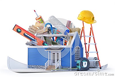 Different building tools inserted in the house . Cartoon Illustration