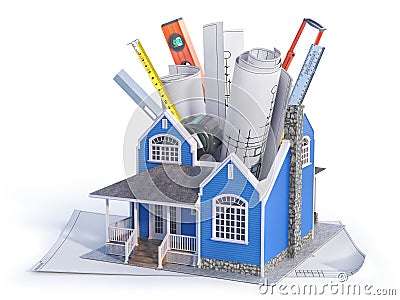 Different building tools inserted in the house . Cartoon Illustration