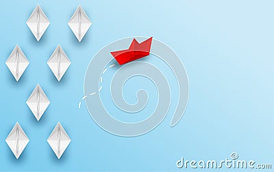 Different business concept. Red boat paper changing direction from white paper boat . Vector Illustration