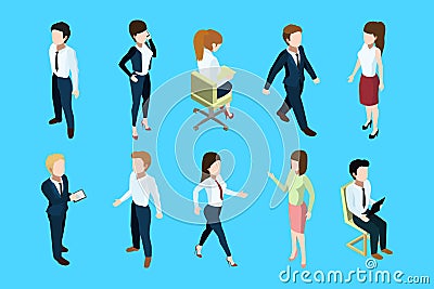 Different business peoples standing and sitting in office interior. 3d vector isometric illustration Vector Illustration