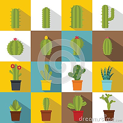 Different cactuses icons set, flat style Vector Illustration