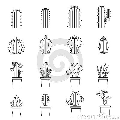 Different cactuses icons set, outline style Vector Illustration