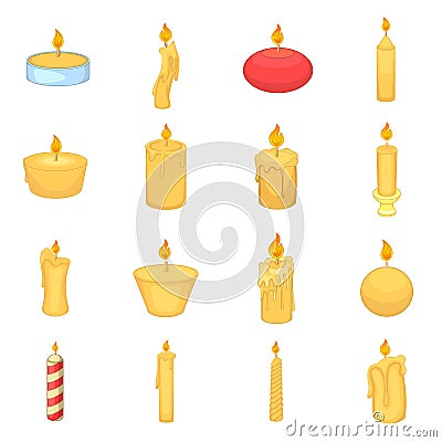 Different candle icons set, cartoon style Vector Illustration