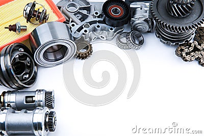 Different car spare parts on white background Stock Photo