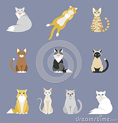 Different cartoon cats set. Vector Illustration