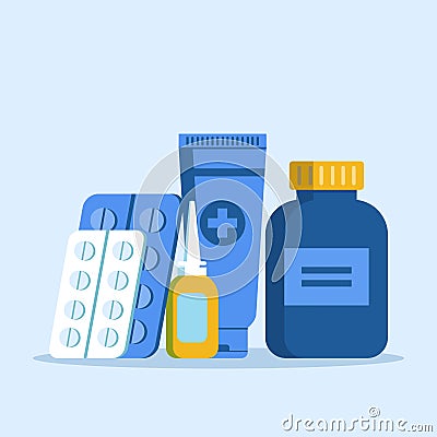 Different Medical Pills, Drugs, Bottles Isolated Vector Illustration